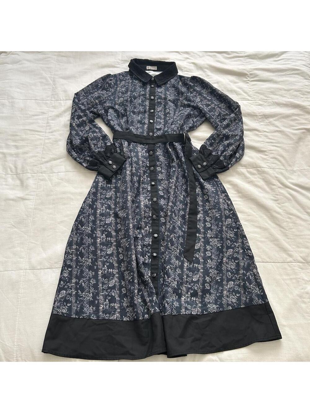 Axes Femme Navy Midi Dress Botanical Floral Lace Collar Belted M Japan